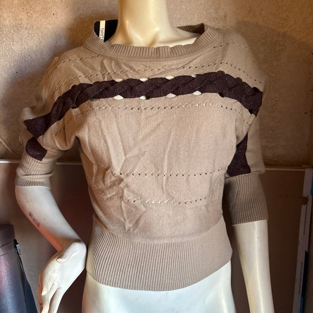 Womens Ladies Vintage 90’s Y2K Ser Beige & Brown Blouse Top One Size audítalas